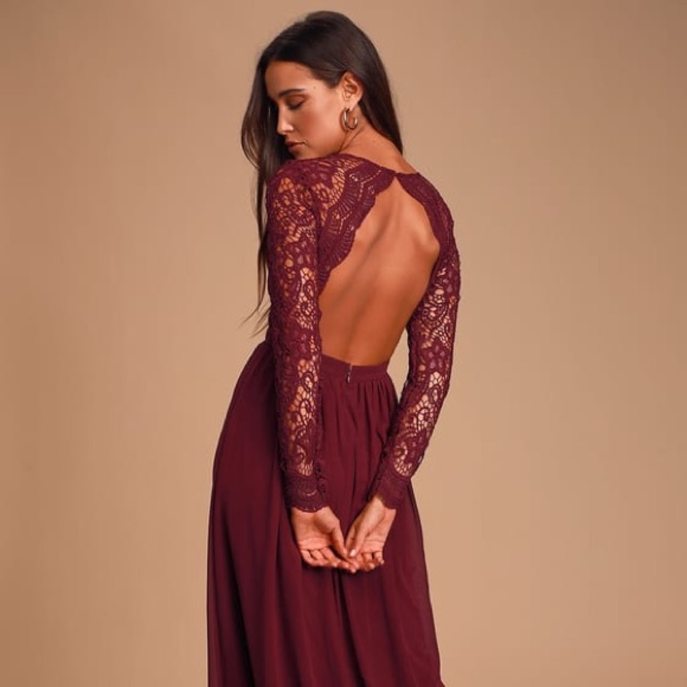 LuLus Burgandy Long Sleeve Lace Maxi Dress